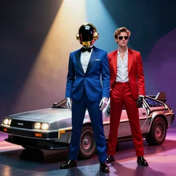 Daft Punk with Marty McFly clothes with the Delorean, 80s style