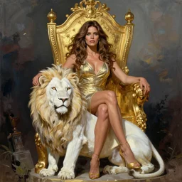 sofia vergara on a gold throne with white lion at her feet, a beautiful painting by wayne barlowe and frank frazetta