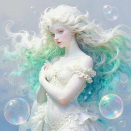 portrait of triton , fantasy, gradient white blue green, dreamy and ethereal, blue eyes, golden ratio, peaceful expression, ornate frilly dress, fantasy, intricate, elegant, rainbow bubbles, highly detailed, digital painting, artstation, concept art, smooth,b sharp focus, illustration, art by artgerm and greg rutkowski and alphonse mucha