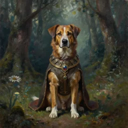 a realistic oil painting of a dog wearing medieval clothes sitting in the middle of a mystical forest