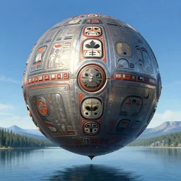 a giant ((((metallic)))) floating sphere covered in canadian aboriginal!!! patterns!! hovering above a Yukon lake, (painted by Ralph McQuarrie), matte painting, very detailed, concept art