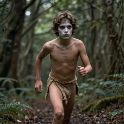 a guy around 2 3 years, natural brown hair, loincloth, pale skin, detailed face. running in ominous and eerie looking forest. natural color. hyperrealistic photo.