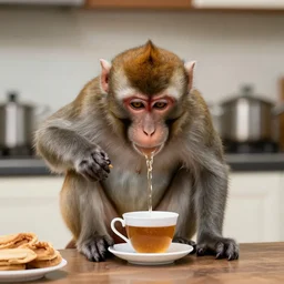 a monkey drinking tea in the kitchen