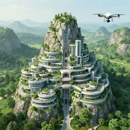 romantic futuristic castle structure built into a giant mountain, layers of terraces, lush green landscape, drone shot, wide angle landscape, photogaphy, intricate detail, awe inspiring, 8 0 mm film, vibrant colors, cinematographic