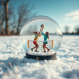 snow globe with two person volleyball game and net inside, depth of field, close up,