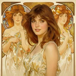 attractive young women with shoulder length brown hair, half body shot, path traced, highly detailed, high quality, digital painting, alena aenami, lilia alvarado, shinji aramaki, karol bak, alphonse mucha, tom bagshaw
