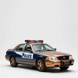 bronze police car, commercial catalog photo, isolated on a pure white background, centered, entire object in frame, sharp focus, soft studio lighting
