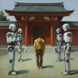 robots praying at a shrine to the last living human, dystopian, surrealist, symmetrical, pj crook, edward hopper, oil on canvas