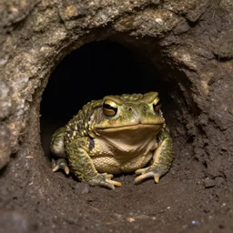 sleepy toad in an adit, cave entrance