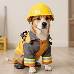 a dog wearing construction work outfit with tools