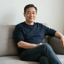 mature man is sitting gracefully on a sofa