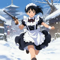 portrait of anime maid maid dress with gun in hands running winter by greg rutkowski, key visual, kyoto animation, makoto shinkai, studio ghibli kushart krenz pixiv, sharp, detailed, high quality, award winning trending on artstation