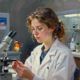 butterfly laboratory, woman scientist, gerardo dotto, simon stalenhag, oil painting