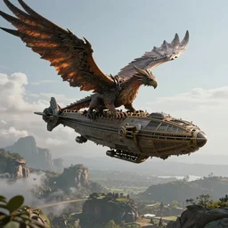 a ancient skyship pulled by flying griffons, hyperrealistic, octane.