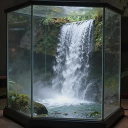 waterfall in a glass case, beautiful, soft lighting, artstation