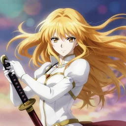 renaissance art elf girl with white skin, katana in hand, golden hair blowing the wind, trending artistic art, soft anime, dynamic photography, fate zero, symmetric realistic face, extremely high detailed, bokeh color background, studio ghibly makoto shinkai yuji yamaguchi, wlop