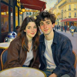 portrait of a happy young italian couple with black hair and green eyes and r 2 d 2 sit outside a busy parisian cafe at sunset painted by emile friant