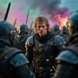 dramatic shallow depth of field historically accurate film still battle scene from a medieval cyberpunk film from the 8 9 0 s titled'king alfred and the western campaign ', photographed by denis villeneuve and ridley scott, colorful lighting high contrast, grainy hyperrealistic shocking detail trending on artstation 8 k