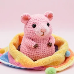 amigurumi of a pink mole rat sitting in a colorful towel