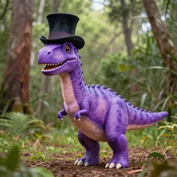 a photo of a violet dinosaur wearing a top hat and smiling in an australian forest