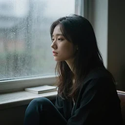 girl sitting nearby a windowing, rainy outside, detailed, very fine face, strong lighting, by artists.