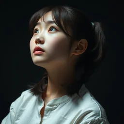 portrait of a beautiful korean girl, medium closeup, pigtails, cinematic light, dark background, sideview, looking up, wrinkled cotton shirt, by serge marshennikov, jeremy lipking, artgerm, alphonse mucha