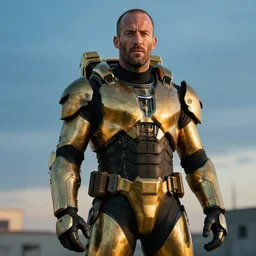 jason statham in cyber armor, golden and blue hour, by ismail inceoglu