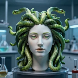 hyper realistic meticulously intricate detailed head of medusa eyes stitched green snakes for hair in empty tank : : 3 science laboratory back drop : : 1 dramatic lighting, cinematic, uhd, octane render, vivid colors, 3 d, ultra resolution, unreal engine,