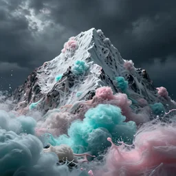 a dramatic photo of a mountain made of cotton candy. paint splashes. moody and melancholy. with a little bit of cyan and pink.