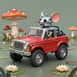 adventurer ( ( ( ( ( 1 9 5 0 s retro future robot mouse offroad truck vehical home. muted colors. swamp mushrooms. water lilies ) ) ) ) ) by jean baptiste monge!!!!!!!!!!!!!!!!!!!!!!!!! chrome red