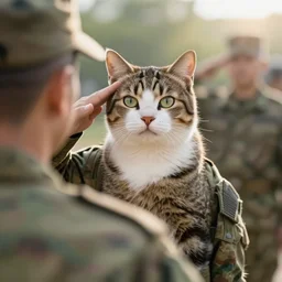 a photo of a cat giving military salute to an army, hyperrealism, professional photography, lens flare, a little blurry, artisitic photography, natural lighting