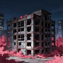 a beautiful detailed anime illustration of abandoned storage building building urbex industrial architecture unfinished building nature city by denise scott brown, assassin's creed infrared at night gem nightvision clear night liberty city, archdaily, wallpaper, highly detailed, trending on artstation.