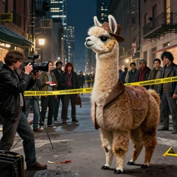 an anthropomorphic llama wearing a 1 9 4 0's noire detective outfit, standing in the streets of a big city at night looking at a crime scene, crime scene photography by moebius, junji ito, tristan eaton, victo ngai, artgerm, rhads, ross draws, hyperrealism, intricate detailed,