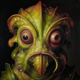 close up portrait of a mutant monster creature with face in the shape of a colorful exotic carnivorous plant, snail - like protruding eyes. by jan van eyck, walton ford