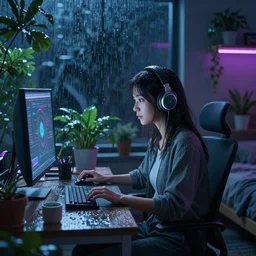 a woman wearing a headphone sitting in front of her computer on a cold rainy day, night in a bedroom full of plants and neon light, cyberpunk, scifi, concept art, highly detailed,  artstation, concept art, smooth.sharp focus, digital art, art by yuumei