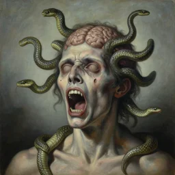 a painting of a decapitated screaming man's withered face with biting serpents swarming out of his brain, a surrealist painting, polycount, surrealism, surrealist, lovecraftian, cosmic horror