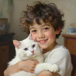 portrait of a kind happy young boy with curly hair, hugging a white cat, art by loish, ross tran, ilya kuvnishov, photorealistic face, highly detailed, painting, beautiful moment, radiant light, intricate brush strokes, global illumination, intricate and detailed environment.