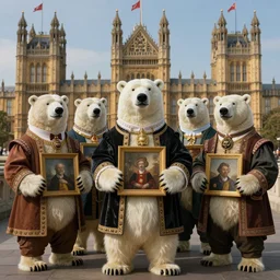the english parliament with polar bears as mp's, each one wearing a fancy suit, painting, highly detailed, award wining, trending on artstation, by marc simoneti, funny, reinassance style