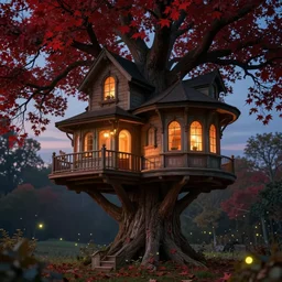 a stunnng victorian big tree house at dusk, ultra detailed, warm interior light, red leaves tree, cinematic shot, octane render, high definition, fine details, fairy mood, fireflies, 8 k