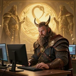 a computer science teacher that looks like a heavy set viking warrior teaches computer science, fantasy, illustration, artstation, cinematic lighting, hyperdetailed, cgsociety, 8k Resolution, high resolution, Charlie Bowater, Tom Bagshaw, Tom Richmond, insanely detailed and intricate, beautiful, elegant, golden ratio, royal swan insignia in background
