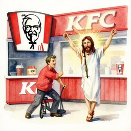 jesus christ getting fired from working at kfc. Detailed watercolor.