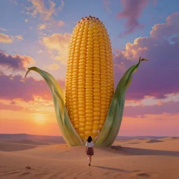 giant corn flower head, girl walking in the desert, surreal photography, sunrise, dramatic light, impressionist painting, colorful clouds, digital painting, artstation, simon stalenhag