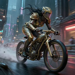 a futuristic bike high speed chase down a blade runner looking city, dimmed neon lights, lens flare, night life, heavy rain, deep focus, d & d, fantasy, intricate, elegant, highly detailed, digital painting, artstation, concept art, matte, sharp focus, illustration, hearthstone, art by artgerm and greg rutkowski and alphonse mucha