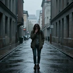 a picture of a lonely sad sobbing person walking along a narrow street, the street is surrounded by tall buildings, 90 century, realistic, sad mood, rain, at dusk