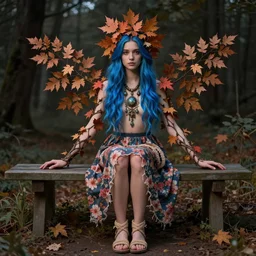 dslr photo of a pretty young woman with branches for arms and hair made of auburn delicate leaves, full bodied portrait with blue hair, sitting on a bench wearing a flower skirt, and body and wearing hemp sandals and a very detailed faerie necklace around neck, artgerm, artstation, very high quality face, intricate details, extremely high quality, moody lighting, real camera, real photo, photography by deviantart, 8 k, full subject in shot