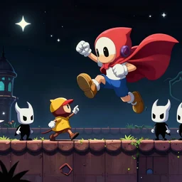 side scrolling, press square to jump, studio ghibli, sharp, rendered in unreal 5, highly detailed, digital painting, artstation, dead cells, hollow knight, smooth, sharp focus, illustration, wide angle, super smash bross, starbound, wallpaper, splash art, promo art, dramatic lighting, art by artgerm and rutkowski and bo chen and jin xiaodi