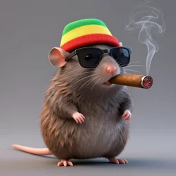 chubby anthropomorphic rat smoking an enormous cigar, wearing sunglasses and a rasta hat, long fur, anthropomorphic, blender, 3d render, 4k