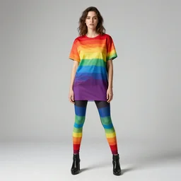 a woman wearing rainbow leggings and a rainbow tunic by artgerm and greg rutkowski and rhads