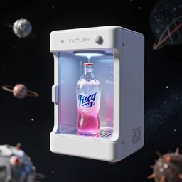 in the future, a machine floats through space dispensering fizzy drinks