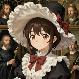 character from touhou project with a large frilly hat, painting by hieronymus bosch, robert campin, albrecht durer, hugo van der goes, anime girl, beautiful, cute, face detail, sharp focus, highly detailed, classic painting